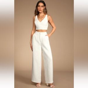 Lulus Chic and Sophisticated Ivory Tweed
Cropped Tank Top and Pants Set, Large